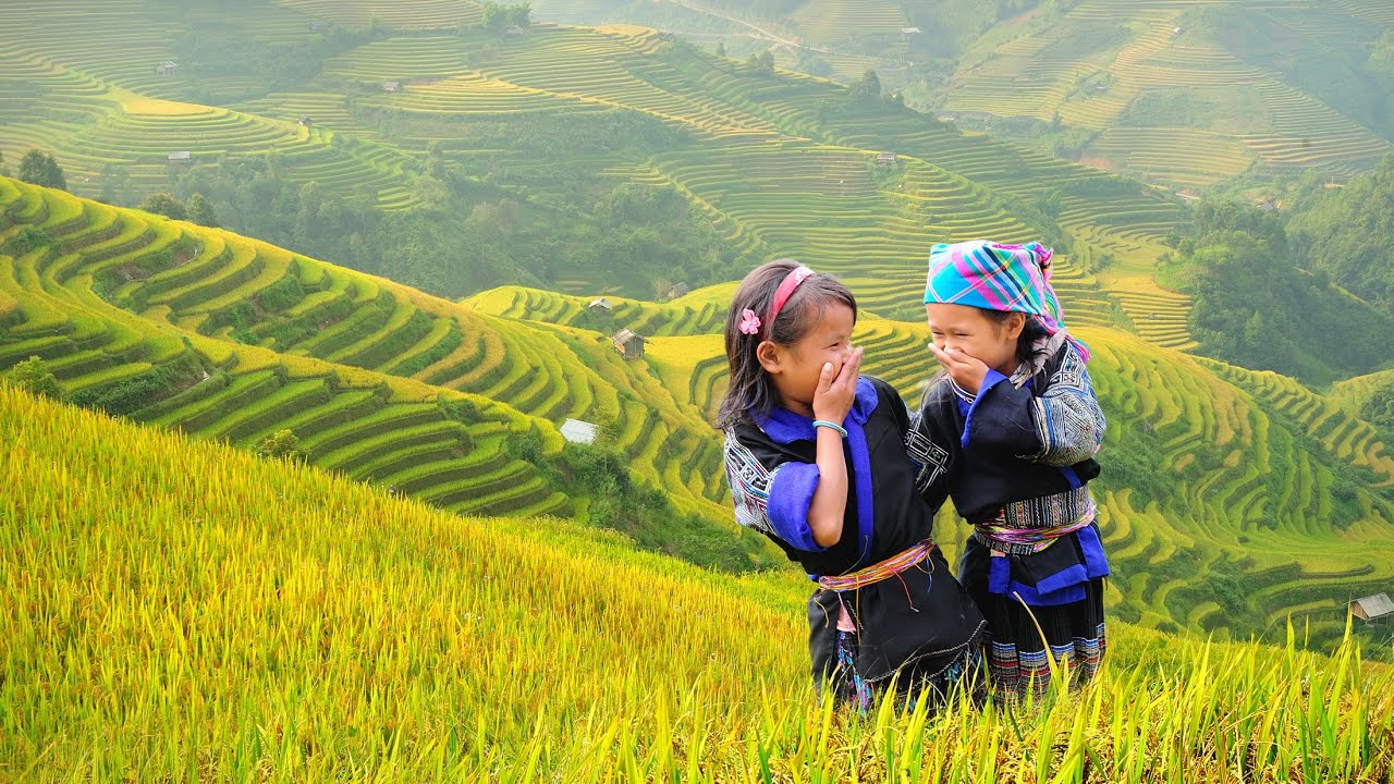 Hai em nhỏ đứng trước những thửa ruộng bậc thang
